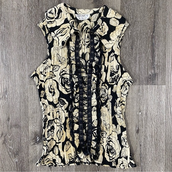 DRESS U BY SHARON Floral Sleeveless Collar Blouse Size Large Goth Lace Up Y2K - Picture 1 of 7